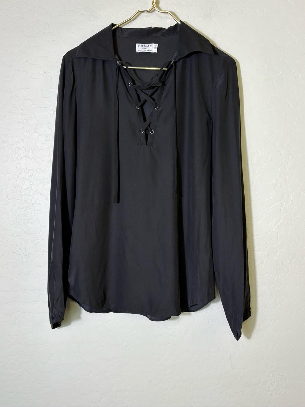 FRAME Denim Le Lace up Noir Black 100% Silk Blouse Shirt LWSHO184 Womens S